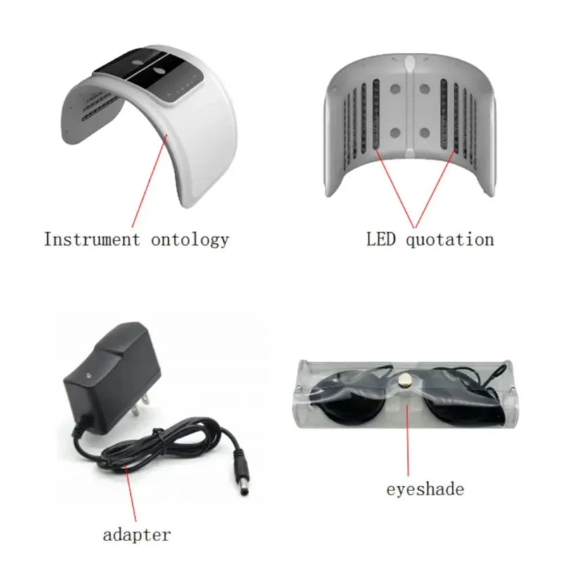 White arched 7-color LED facial therapy device with power adapter and protective eyeshades in a clear case.