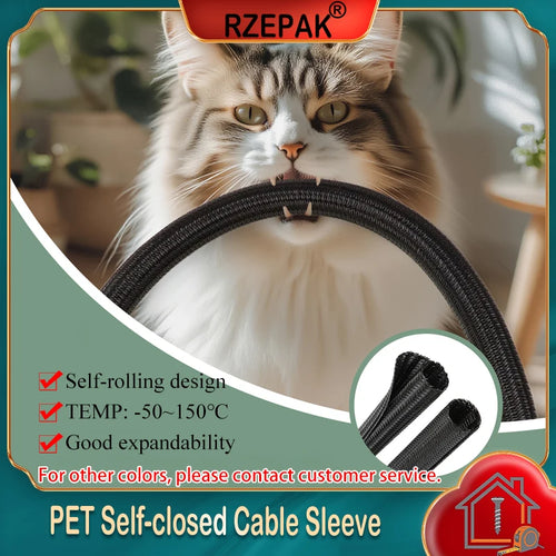 Black self-closed PET cable sleeve, braided wrap for wire protection
