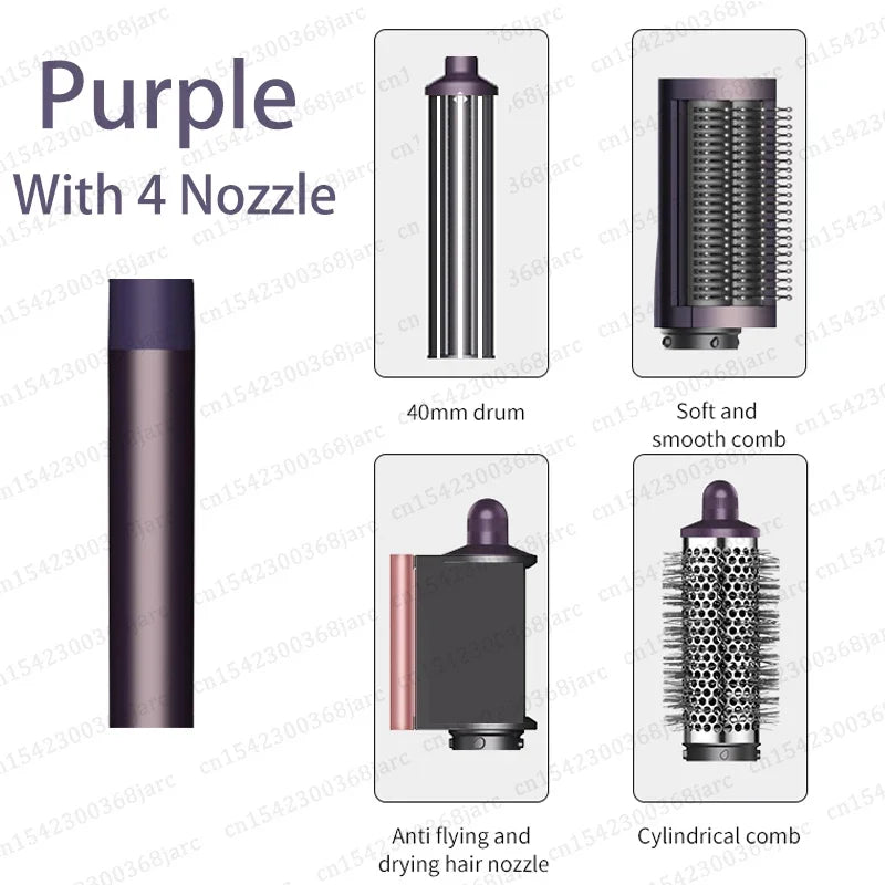 SenCiciMen X9 purple hair styler set with 4 attachments: curling barrel, drying nozzle, and 2 styling combs.