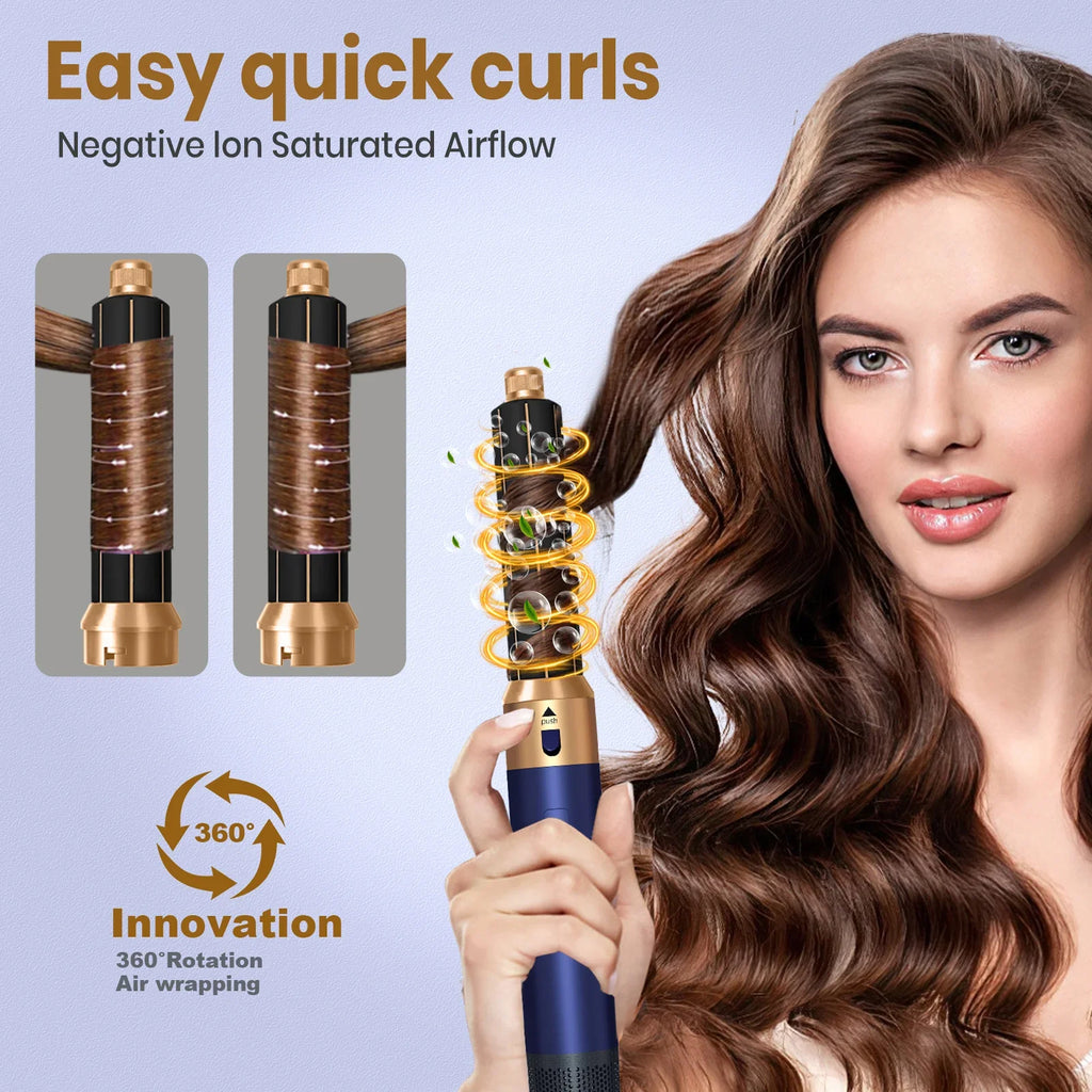 6-in-1 blue and gold air hair dryer brush curling iron with 360-degree rotating airflow for professional styling.