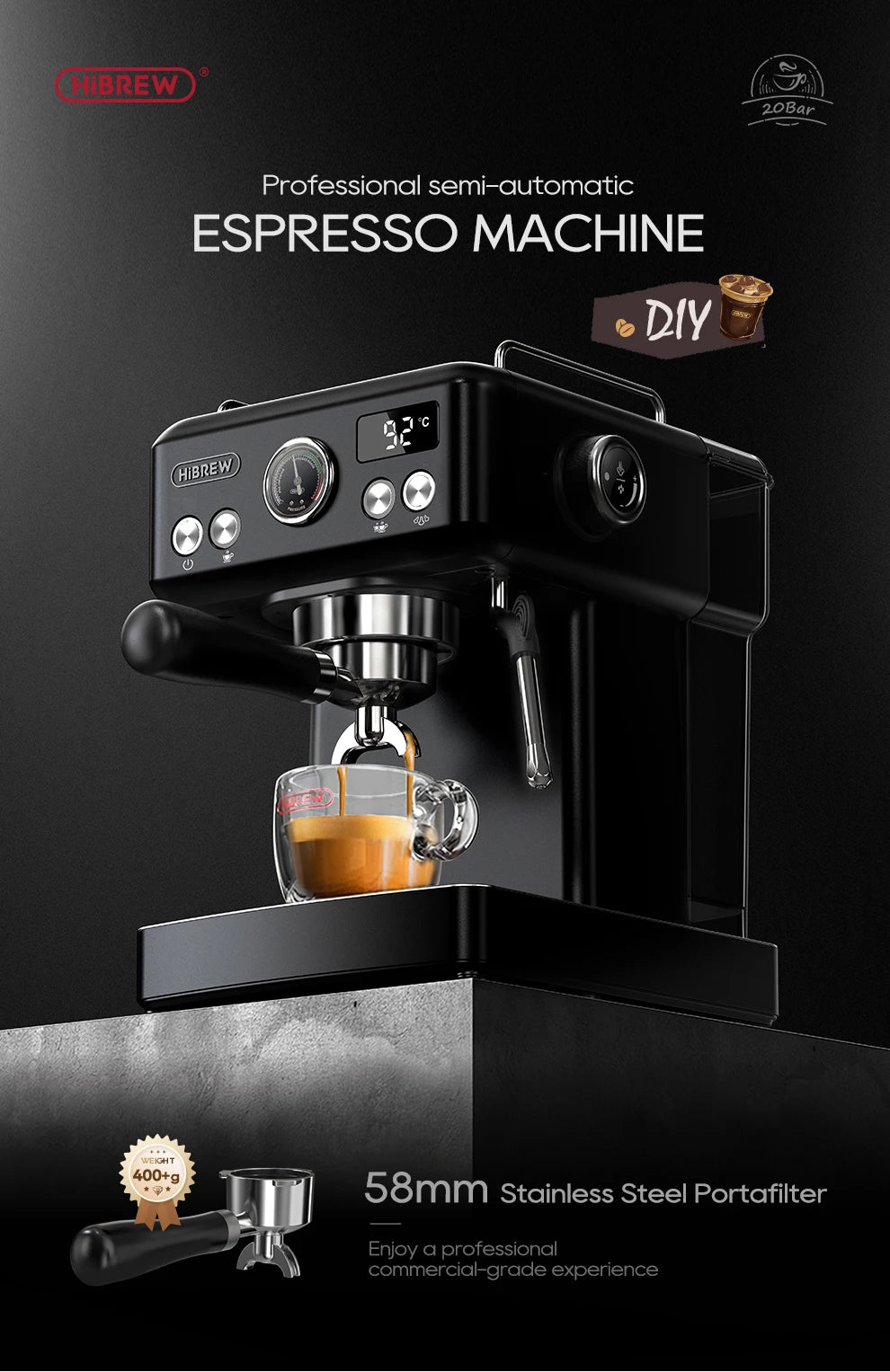 HiBREW black semi-automatic espresso machine with 58mm stainless steel portafilter and digital display.