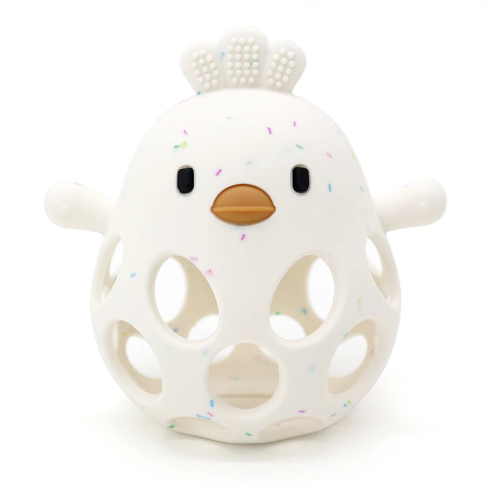 White confetti silicone teething toy for baby pain relief.