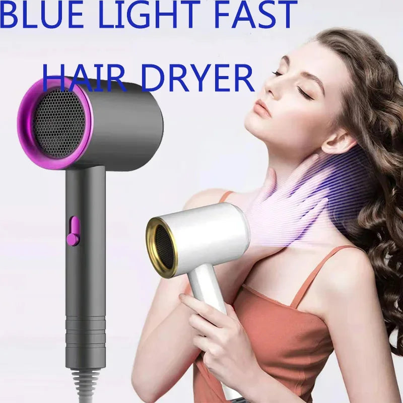 High-speed electric hair dryer with blue light, constant temperature, and quick-dry heat settings for home or salon.