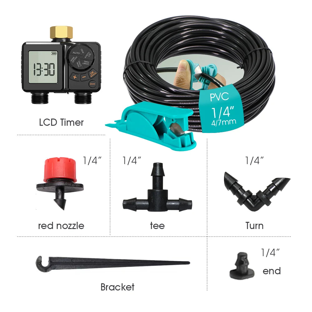 Dual-zone LCD watering timer with black tubing roll and 1/4" PVC connection parts