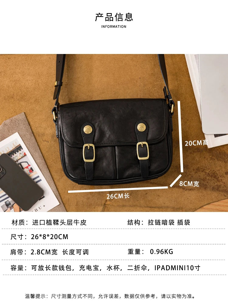 vintage designer handmade high-quality genuine leather men's messenger bag Outdoor casual cow leather work black shoulder bag