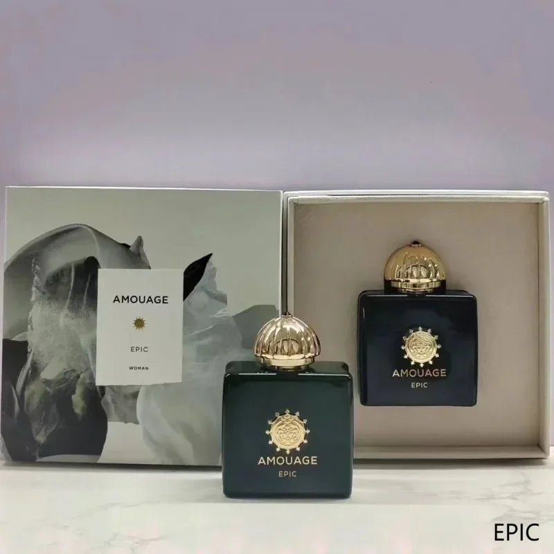 Amouage Epic Woman EDP: Luxury floral oriental perfume in a green square bottle with gold cap, 100ml gift set.