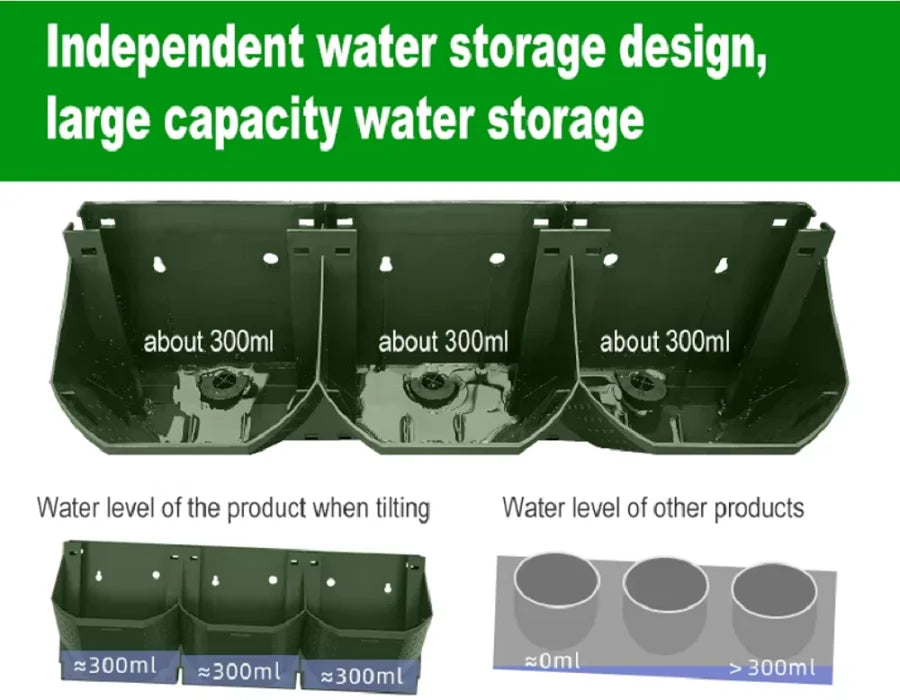 Green vertical garden planter with independent water storage cups