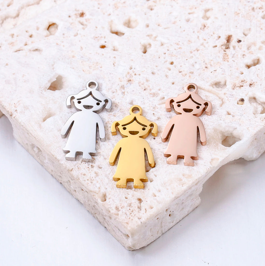 Gold, silver, rose gold stainless steel girl-shaped charms for DIY necklaces, bracelets, and jewelry making.