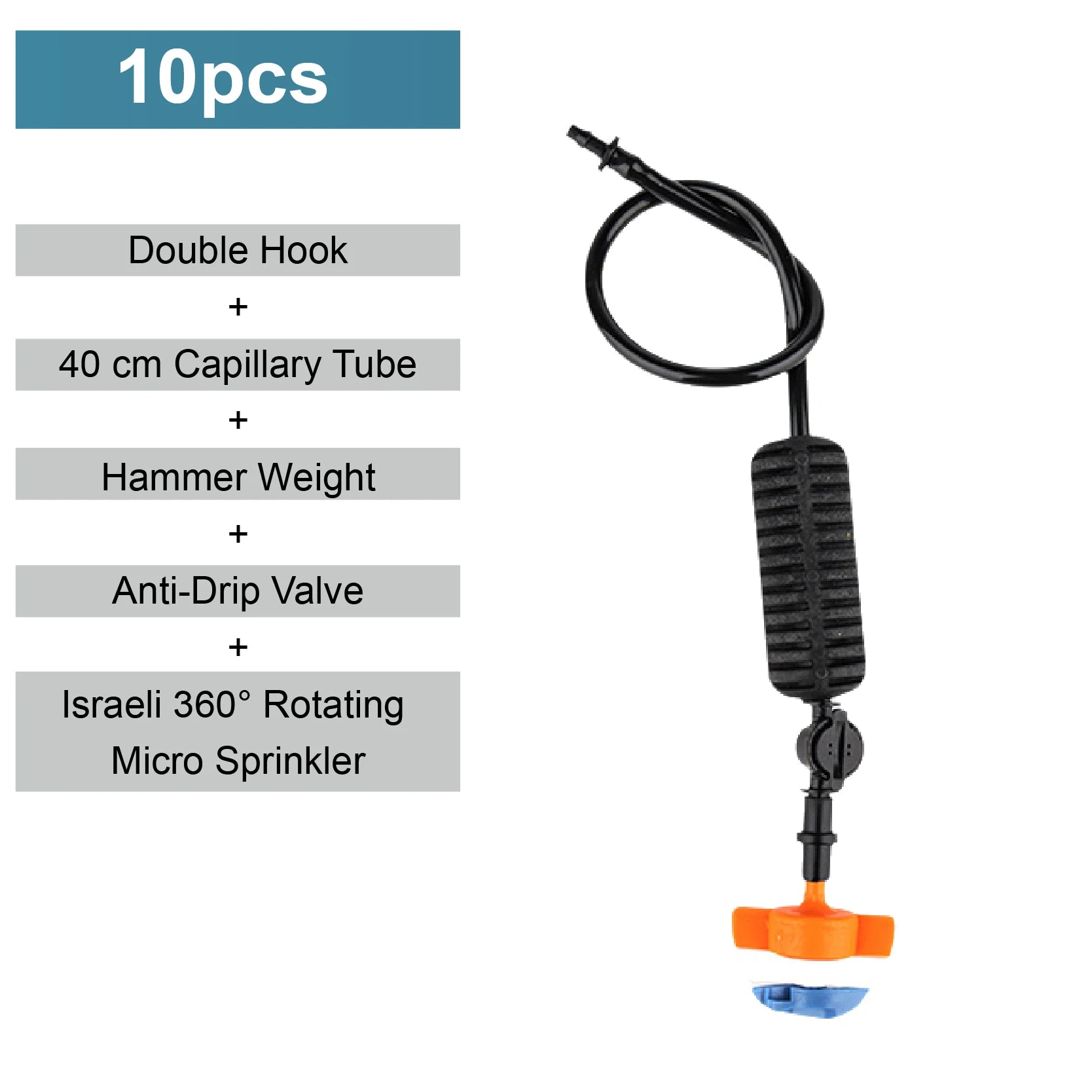 Garden hanging rotating mist sprayer with black tube, orange base, and blue splash guard