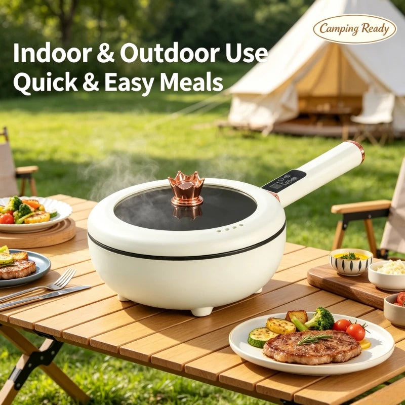 White electric cooking pot with copper heating cap on outdoor table, steaming lid window