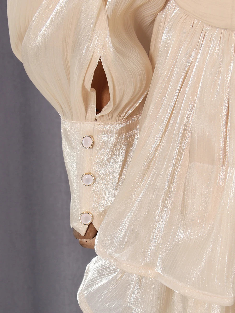 VGH Beach Style Solid Casual Short Dresses For Women Stand Collar Long Sleeve High Waist Spliced Button Chic Dress Female New