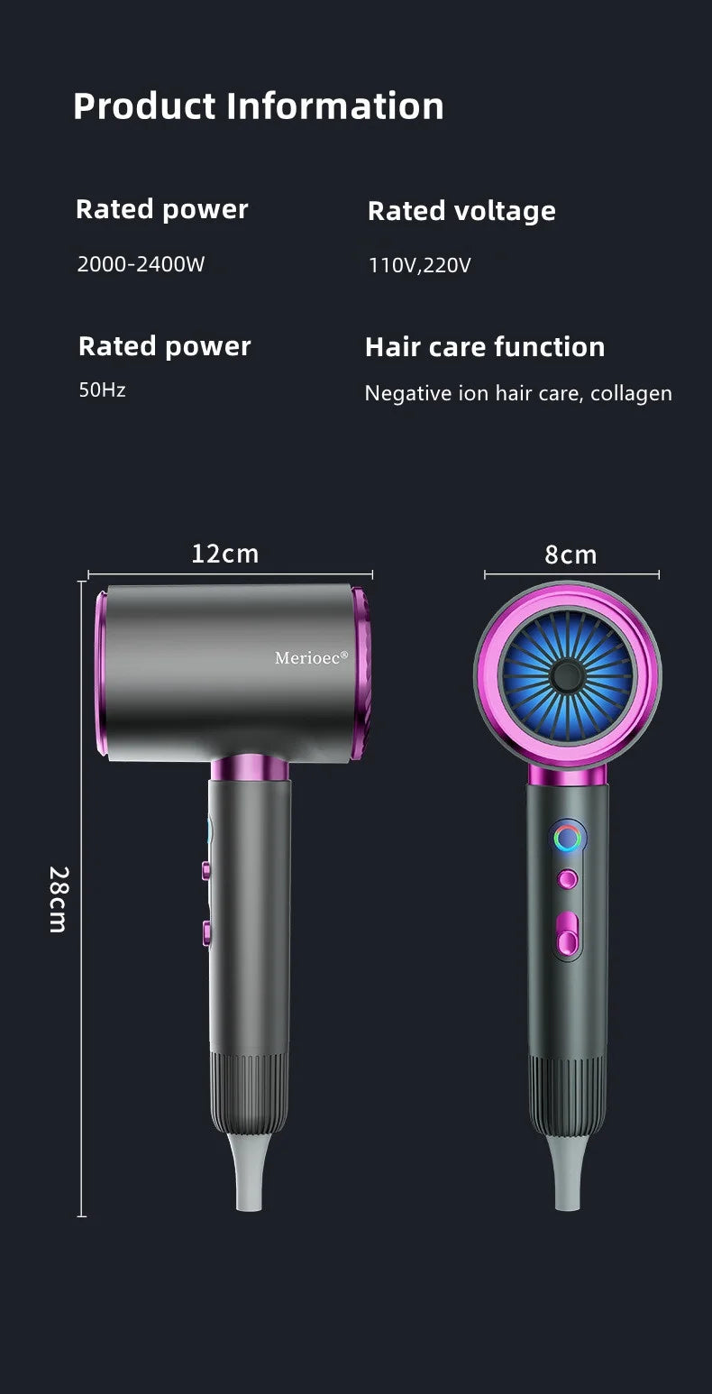 2400W high-speed grey & pink negative ion hair dryer with blue light and professional salon-grade ergonomic design.