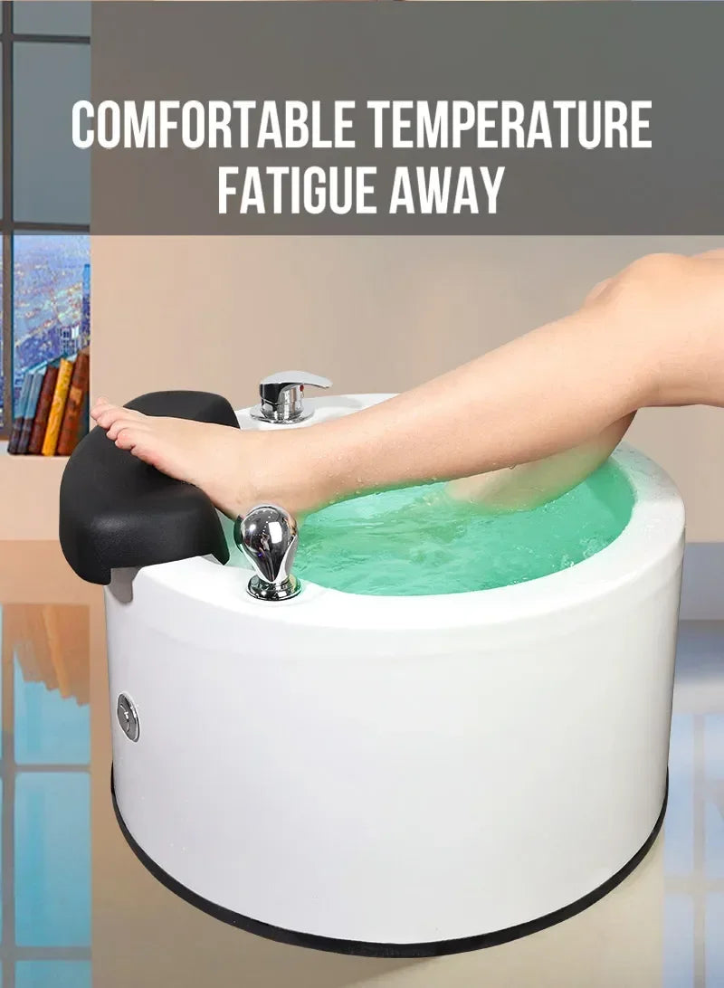Hydro-massage foot spa with black headrest, chrome jets, green water for soaking