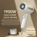 White 1900W F41 high-speed hair dryer with ion technology, gold accents, and nozzle attachment for quick, quiet drying.