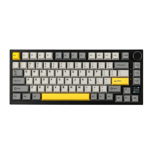 Ajazz AK820 Pro 75% mechanical keyboard, grey and yellow colorway, featuring a volume knob and small TFT display screen.