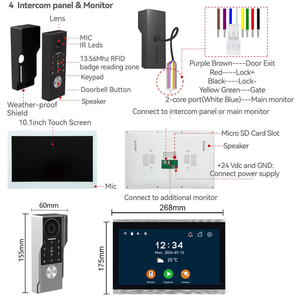 2-Wire TUYA Smart Video intercom doorbell 1080P Waterproof Camera 5G Wifi 7/10inch Touch Screen Support Password Inductive Card