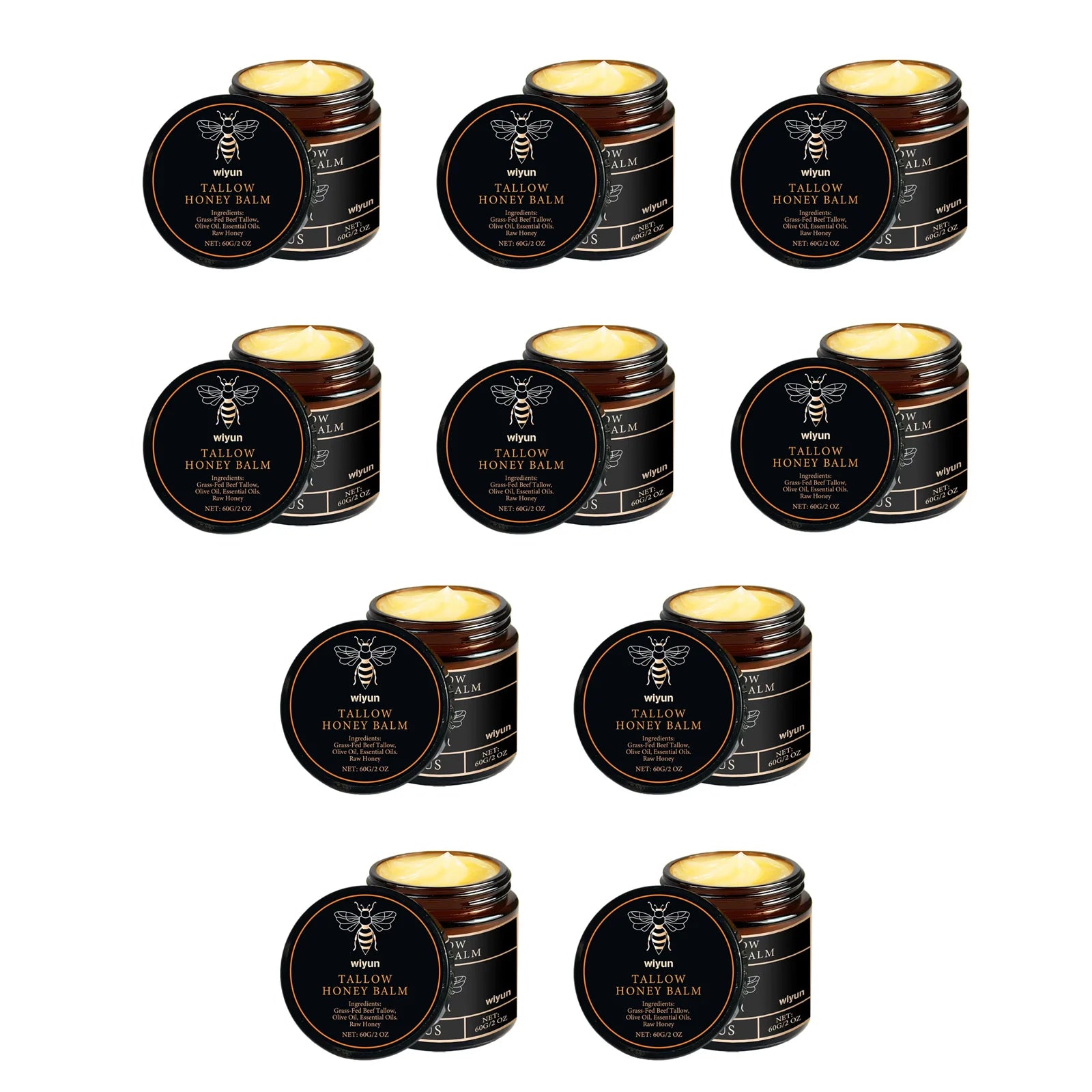Honey tallow balm tins set, multiple black round tins with gold label and stacked jars