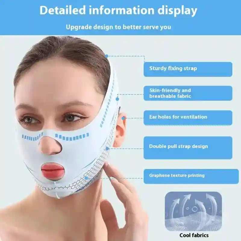White V-line face lifting mask on a model with text labels pointing out features like ear holes and breathable fabric.