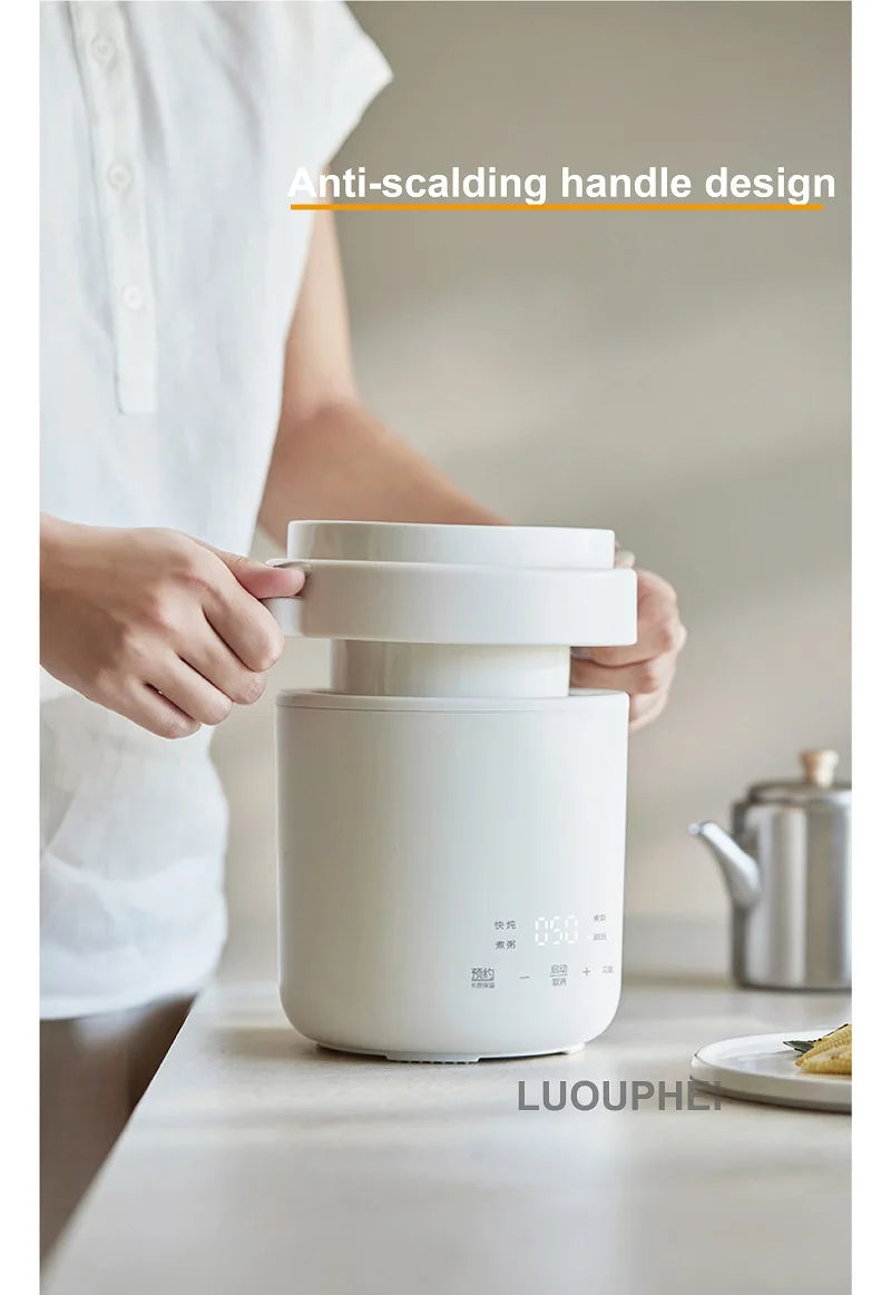 White electric stew pot with anti-scalding side handles and compact base
