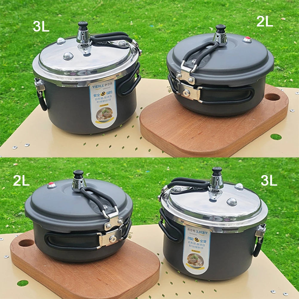 3L and 2L pressure cookers side by side with lids and folding black handles