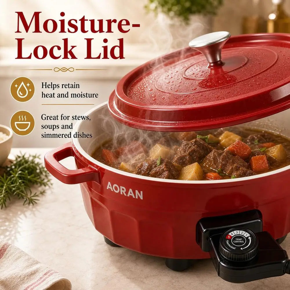 Red electric hot pot cooker with fitted lid and black temperature control knob