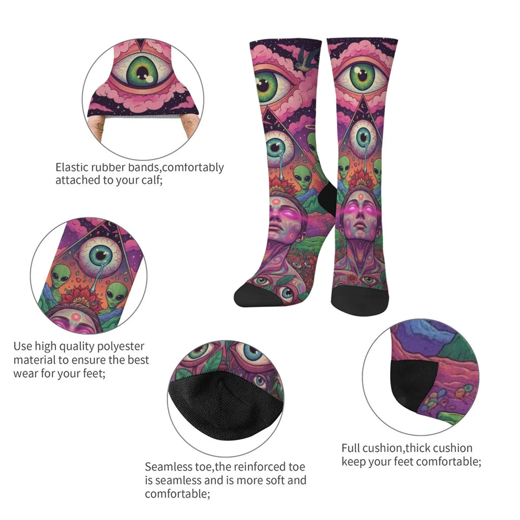 Mystery Eyes Happy Alien Psychedelic Socks Casual Fashion Men's Socks Novelty Funny Compression Socks Crazy Street Hip-Hop Socks