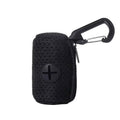 Black mesh dog poop bag dispenser with clip for easy attachment to leashes during dog walks.