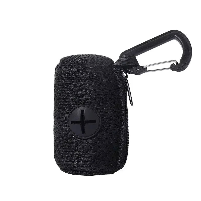 Black mesh dog poop bag dispenser with clip for easy attachment to leashes during dog walks.