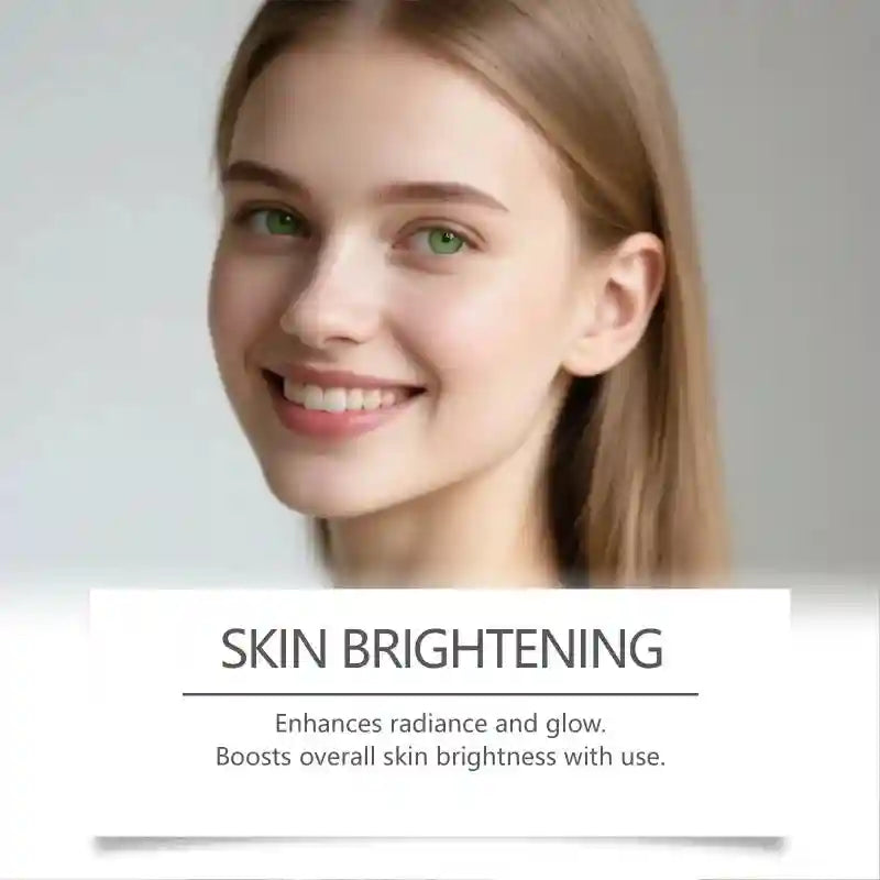 Smiling woman with clear skin and green eyes, with text overlay: "SKIN BRIGHTENING: Enhances radiance and glow."