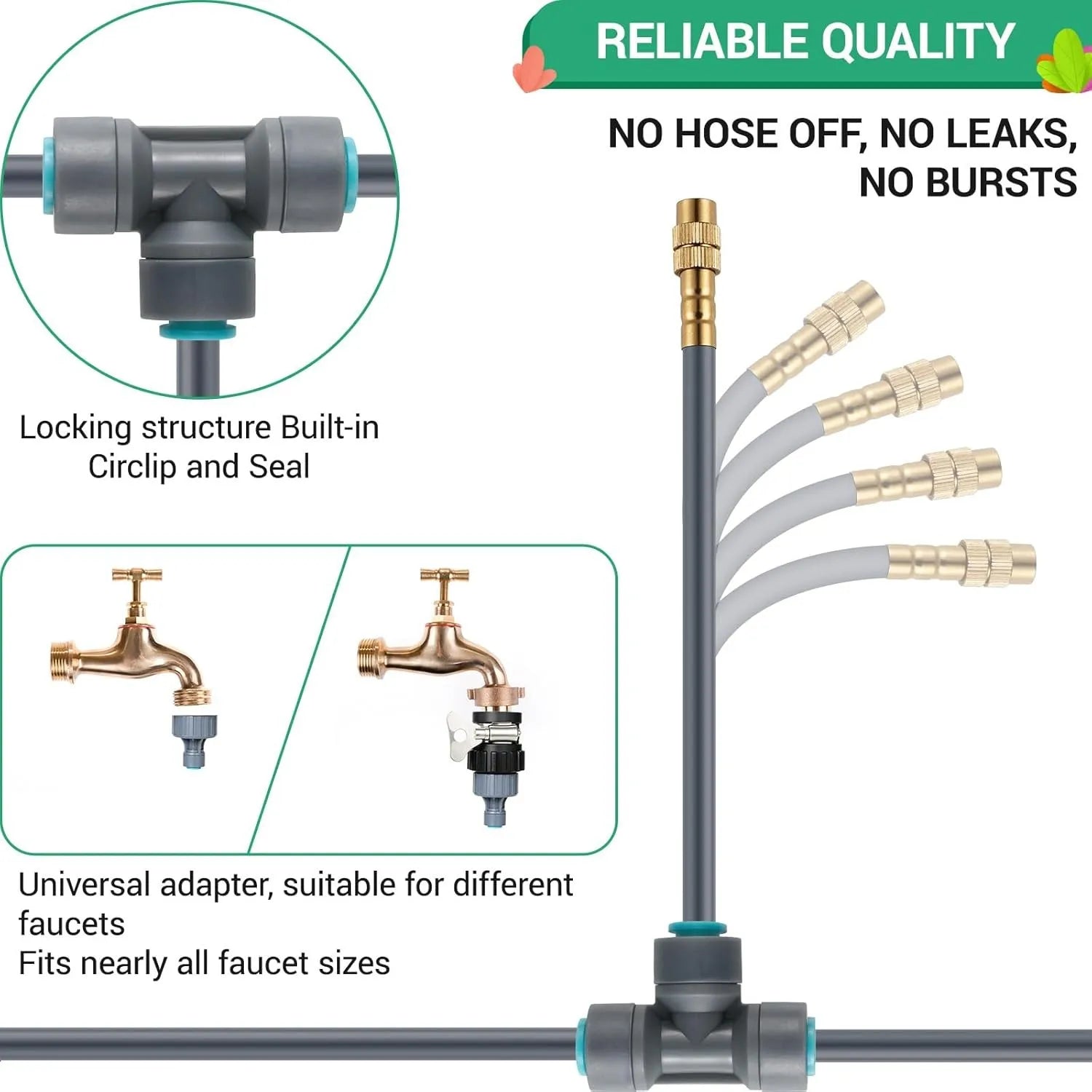 Universal faucet adapter and drip tee with locking structure and connecting hoses