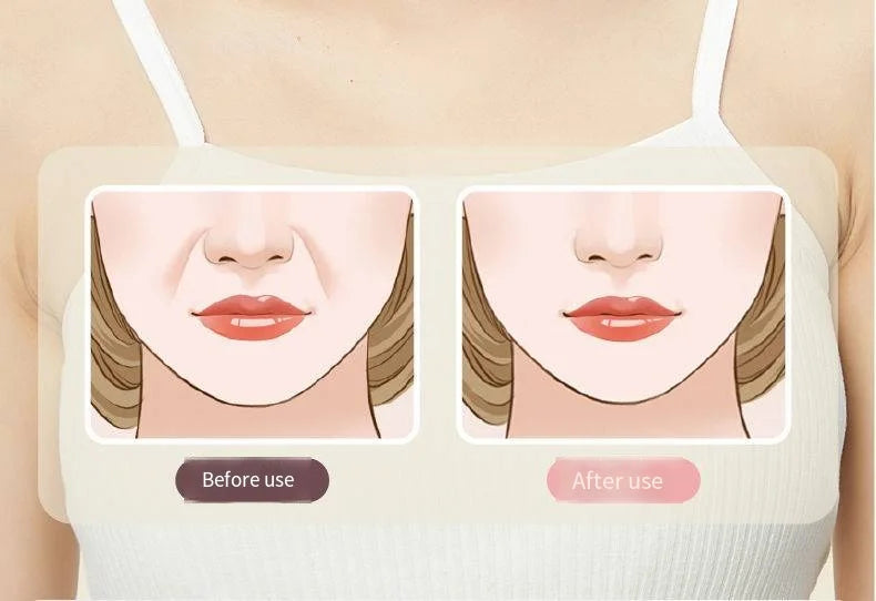 Before and after illustration of a face showing reduction in smile lines after using a facial slimming exerciser.