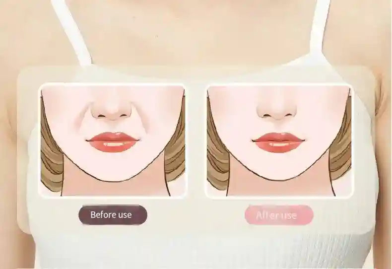 Comparison illustration showing facial skin before and after using a silicone facial lifter tool to reduce wrinkles.