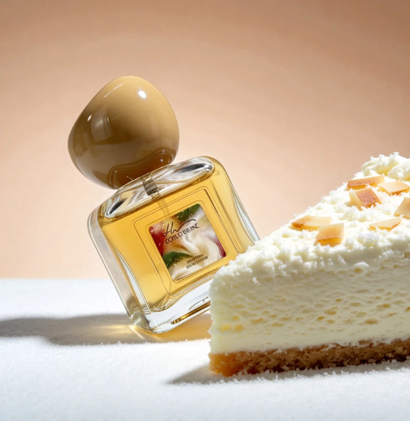 Square glass perfume bottle with a tan rounded cap, filled with amber fragrance, next to a slice of coconut cake.