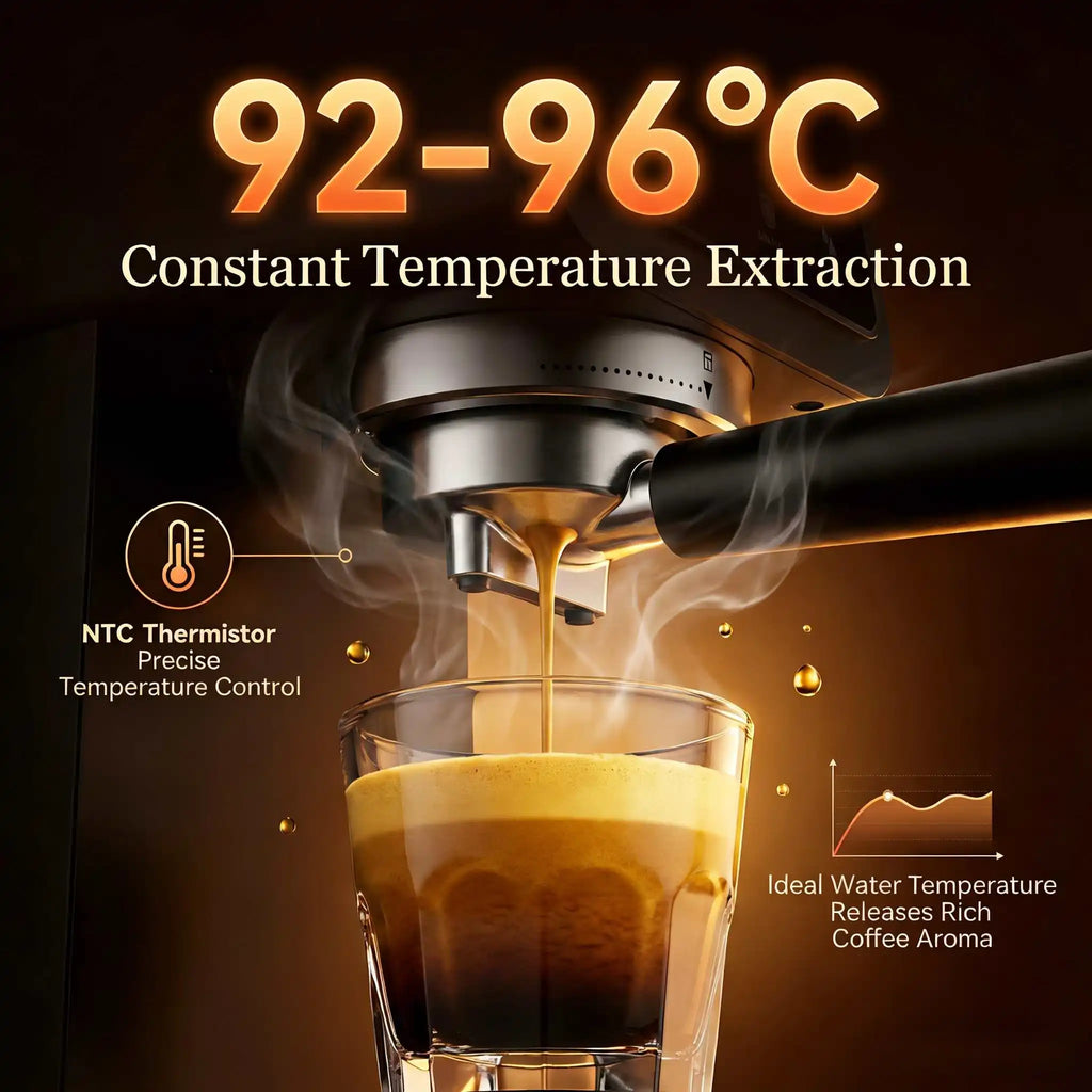 Black stainless steel espresso machine pouring coffee, featuring precise 92-96°C temperature control technology.