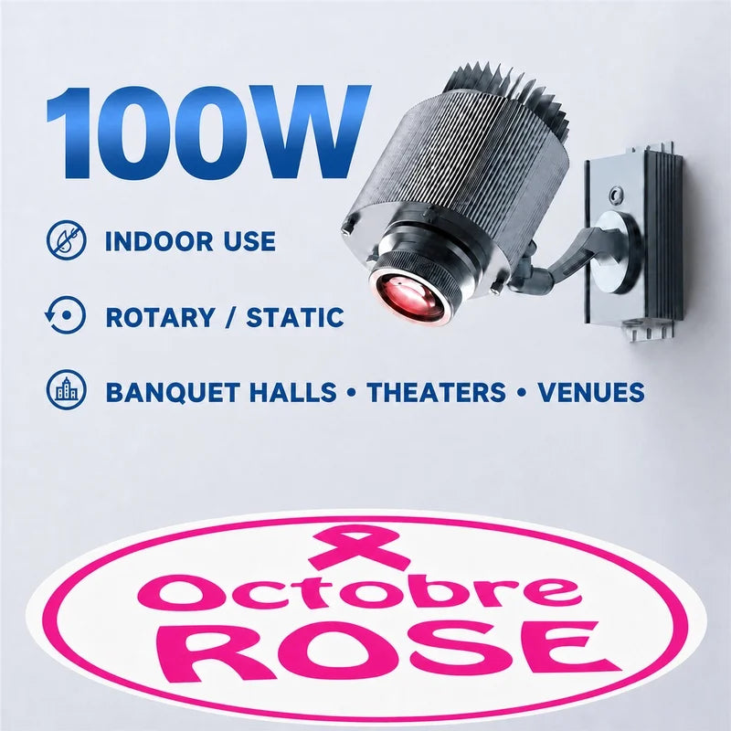 100W indoor LED gobo projector with rotary/static head and pink logo disc