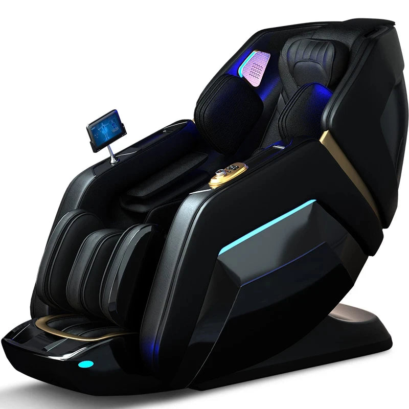 Black 4D massage chair with blue LED accents, an integrated tablet controller, and gold trim on a white background.