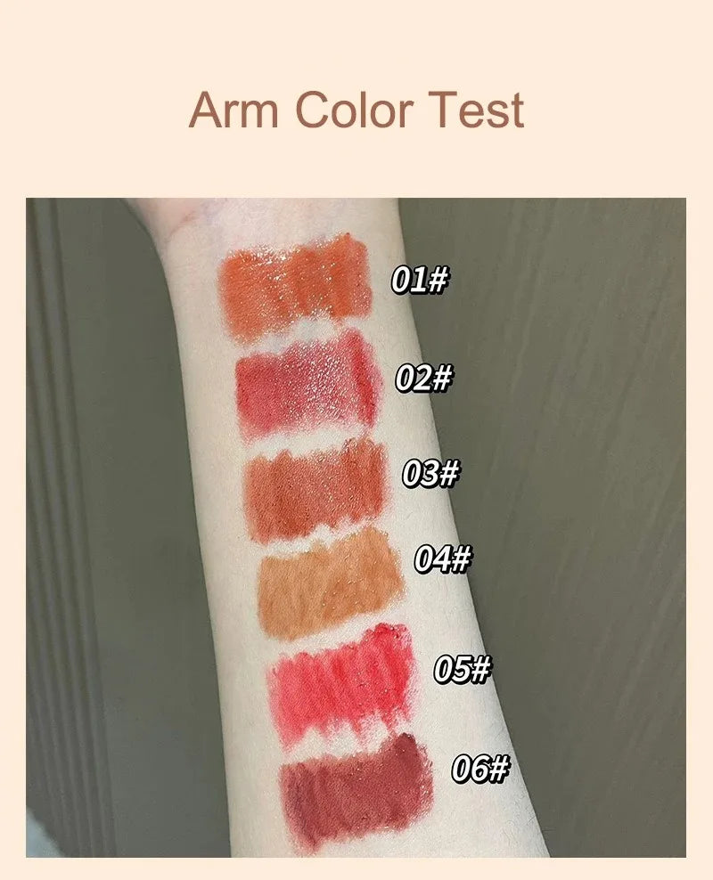 Arm swatch test of moisturizing mirror-finish Korean jelly lip gloss in 6 shades with a high-shine, glossy texture.