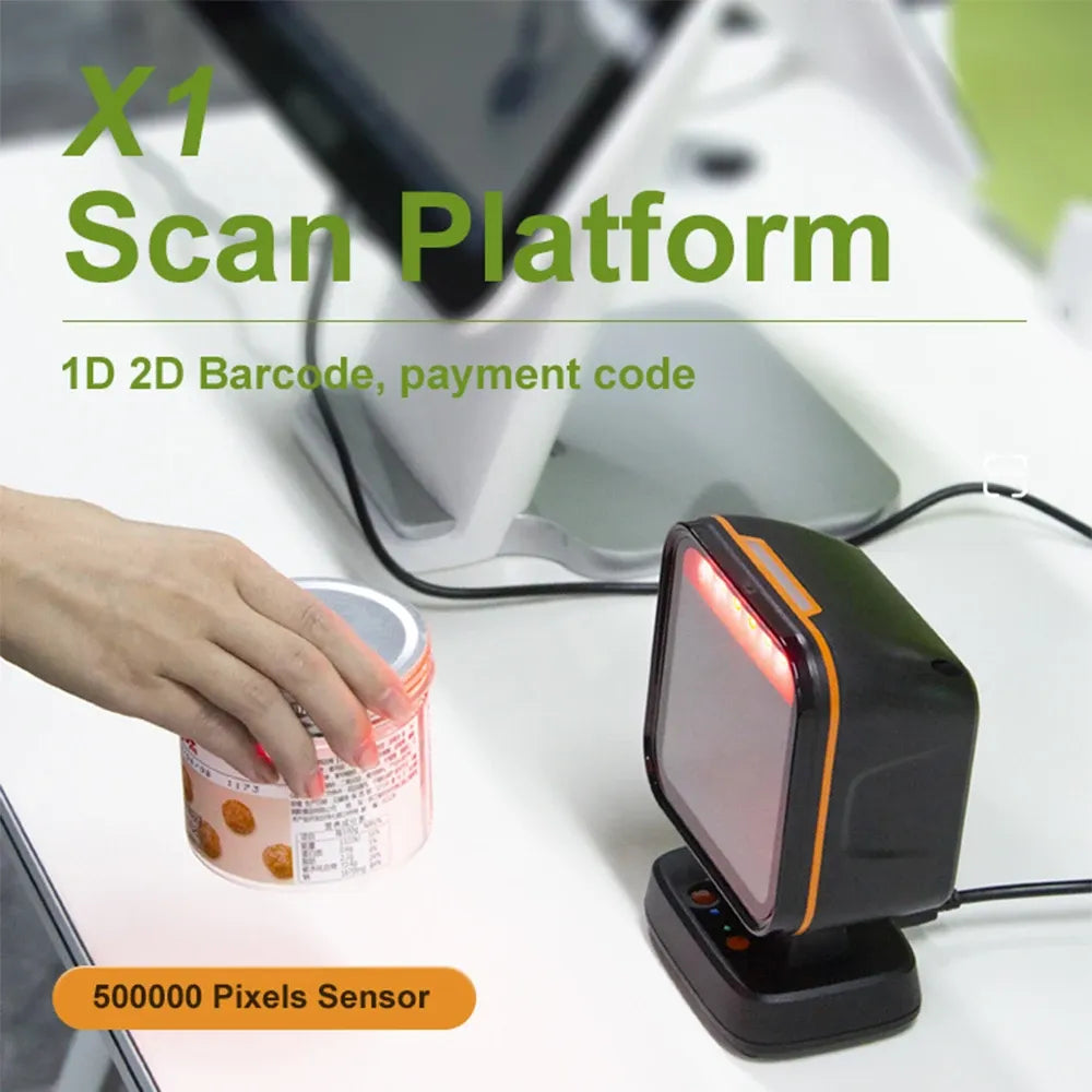 Desktop hands-free 2D barcode scanner with front scanning window and orange side trim