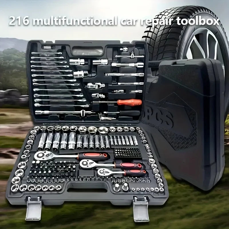 216-Piece Professional Socket Set 1/2' 3/8' 1/4' Drive SAE & Metric with 72-Tooth Ratchet for Automotive And Home Repair.（1SET）