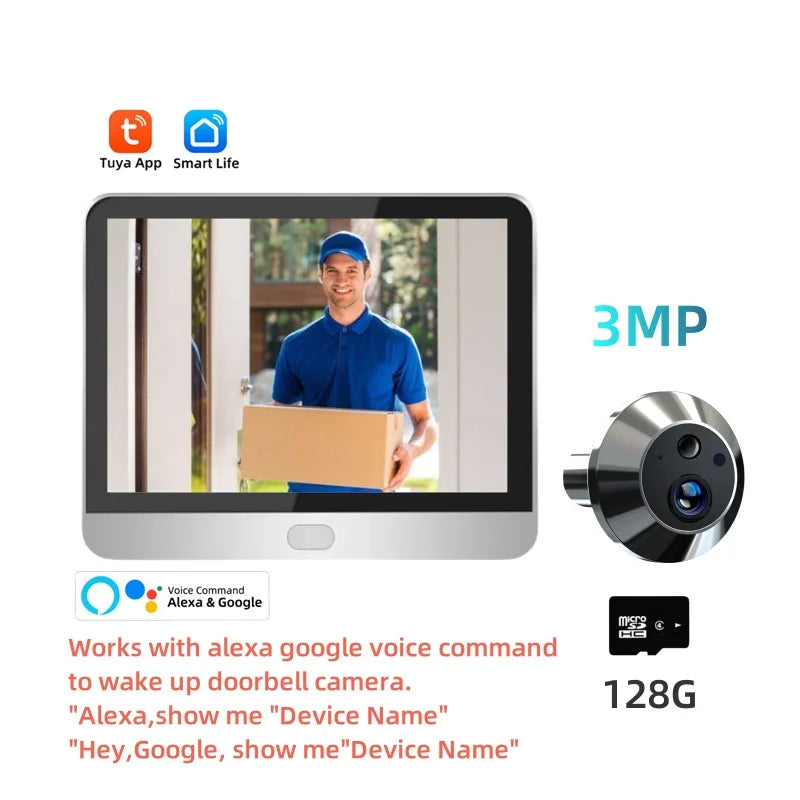 3MP Tuya Smart Security Outdoor House Door Video Eye With Camera Alexa PIR Motion Detect Wifi Peephole Door Camera For Home