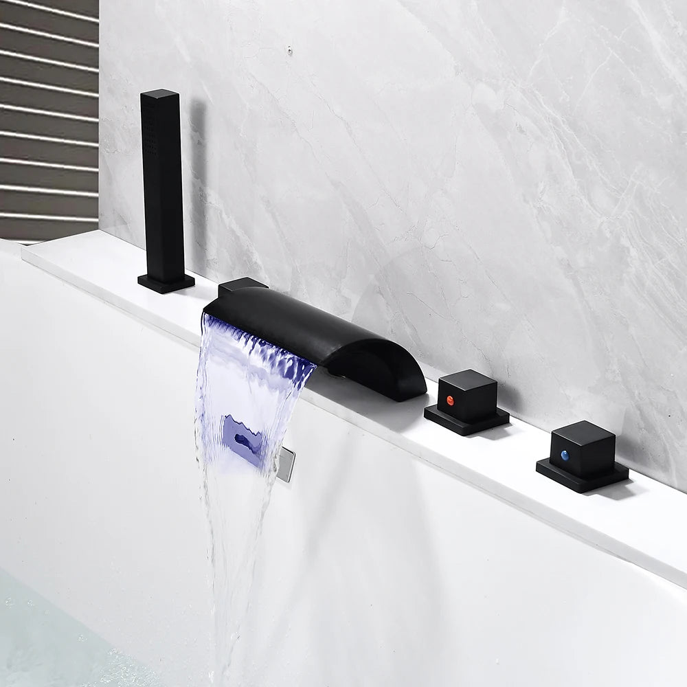 Black Bathroom Faucet Set with LED Light 2-Way Bathtub Mixer, Waterfall and Hand Shower Tap for Modern Bathroom