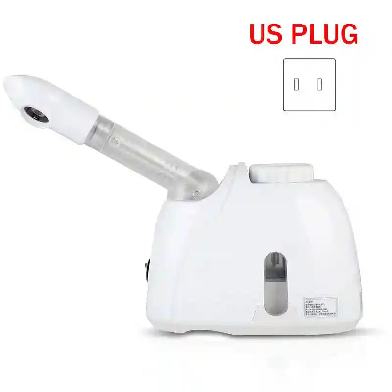 White home facial steamer with adjustable nozzle, water tank, and US plug for deep pore cleansing and skin hydration.