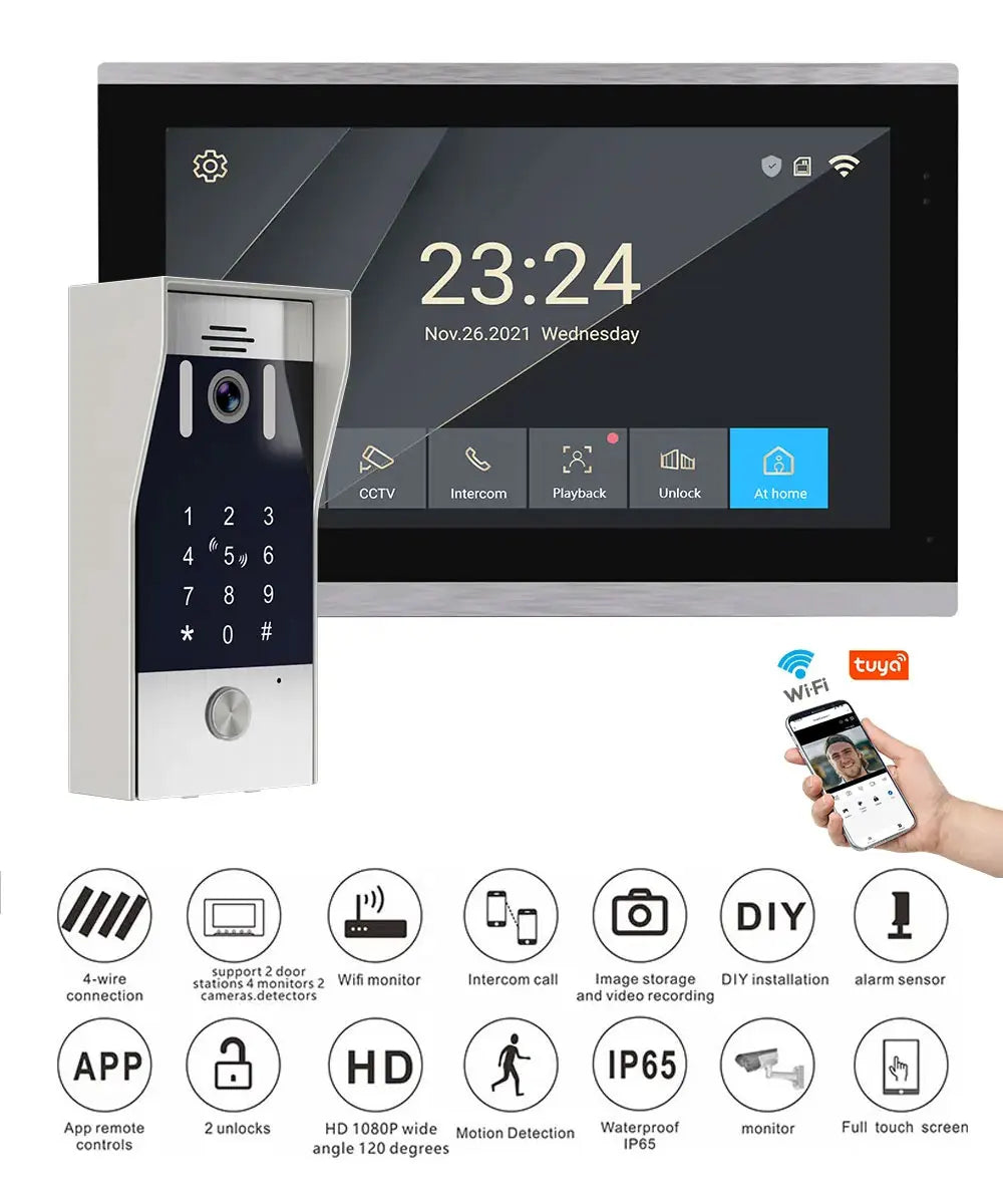 WiFi Video Doorbell System 4 Wire 10inch 1080P Doorphone Fingerprint Password Door Camera Video Intercom W/ Electric Strike Lock