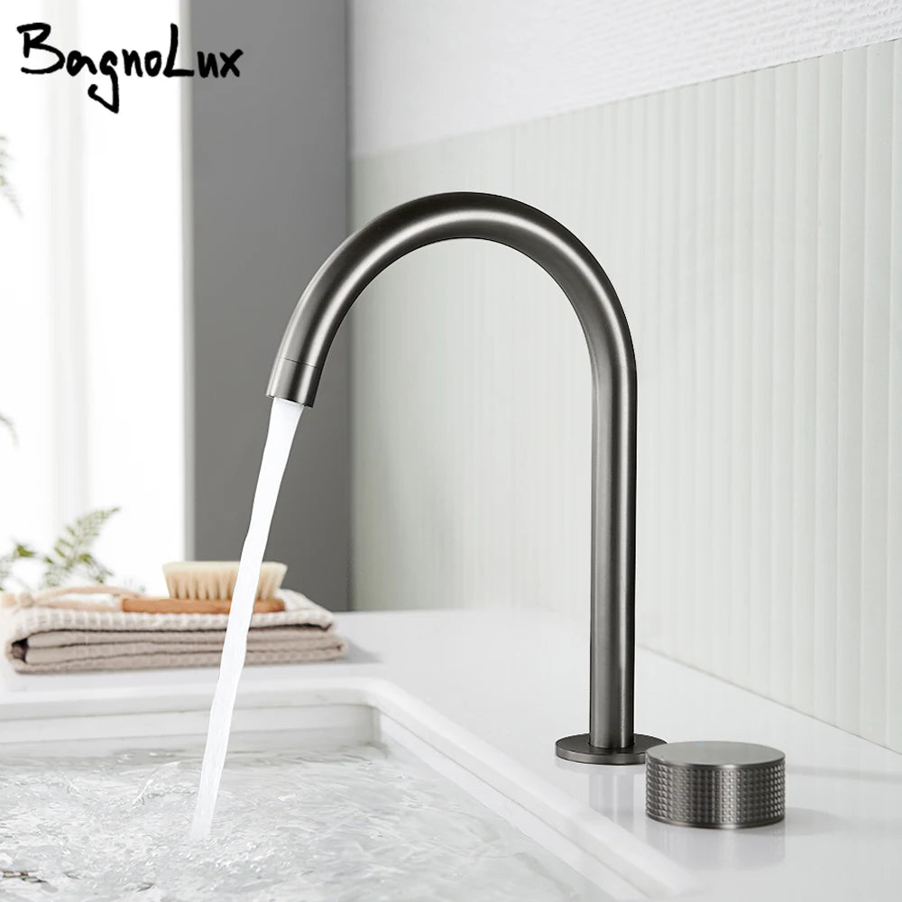 Gunmetal Basin faucet Knurled Switch 360 Rotating Spout two holes Deck Mounted Sink Tap Bathroom Widerspread Mixer 2 set