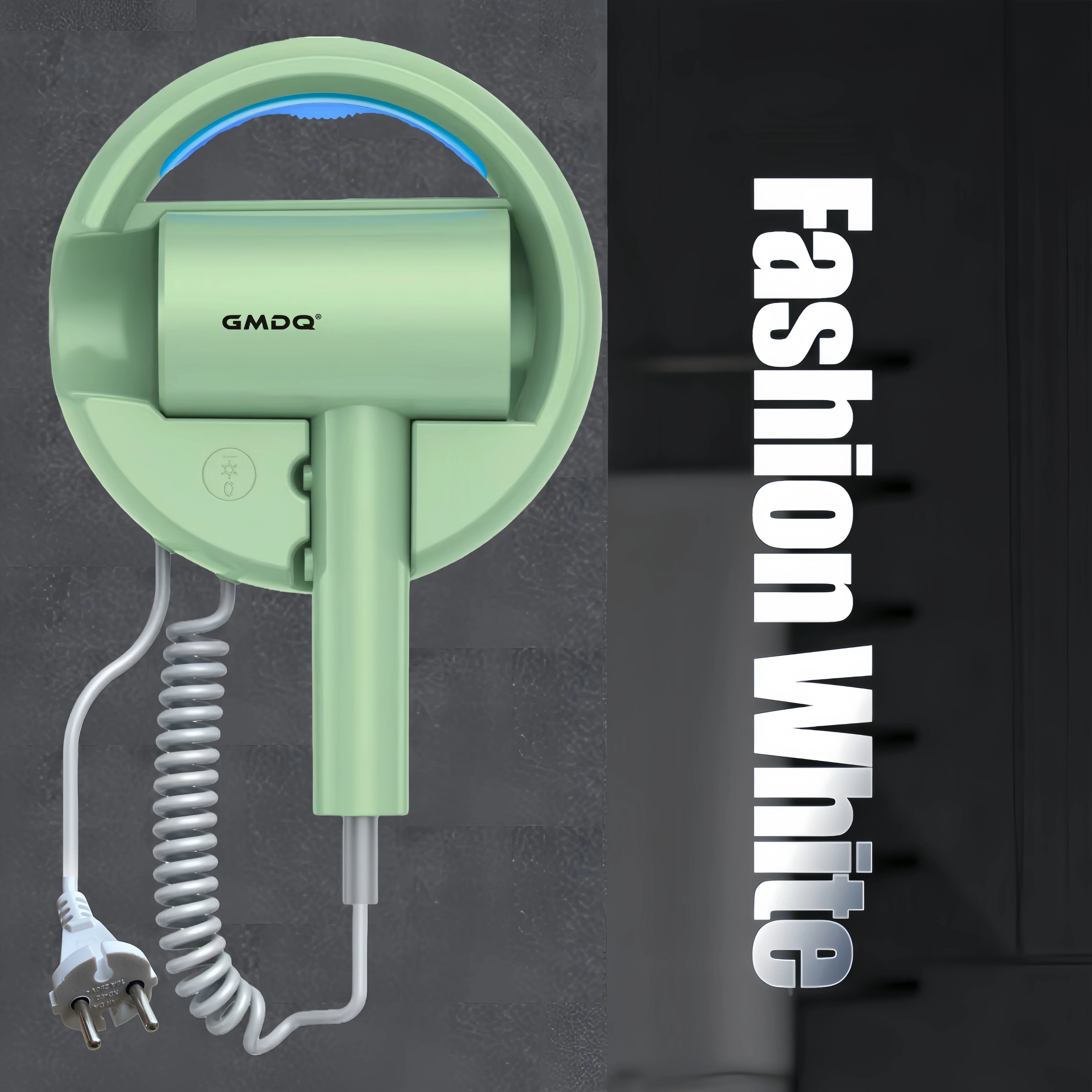 GMDQ 1800W wall-mounted mint green hair dryer with blue light, constant temperature, and curly cord for home or hotel.