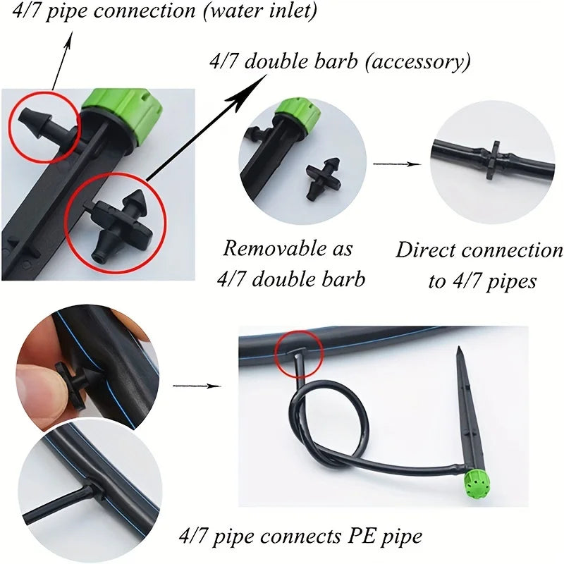 Drip irrigation emitter connector parts with green cap on black stake and tubing