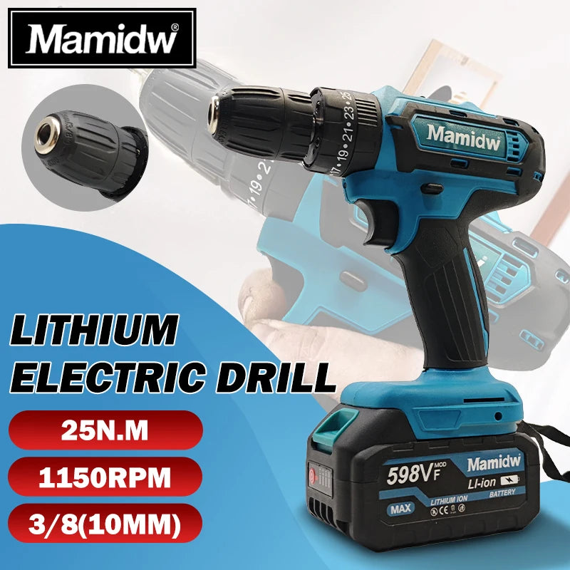 Mamidw 3/8'' 10mm Chuck Cordless Power Drill 25N.M 1150RPM Electric Screwdriver Drill for Daily Home Improvement Woodworking Tasks, For Makita 18V Battery PIN