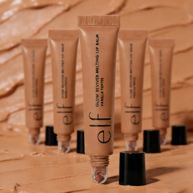 e.l.f. Glow Reviver Melting Lip Balm in Vanilla Toffee, a creamy beige moisturizing lip gloss in a squeeze tube.
