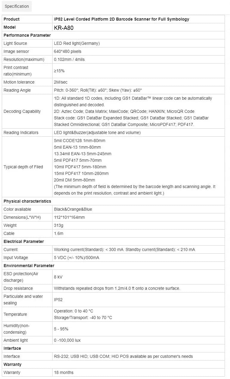 2D barcode scanner technical specs table for KR-A80, IP52 and scanning details