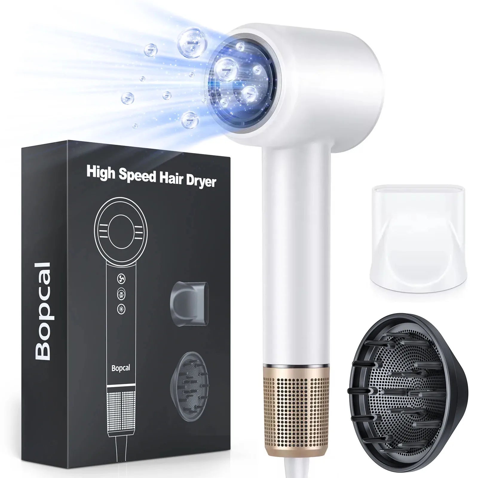 White high-speed negative ion hair dryer with diffuser, concentrator nozzle, and gold metallic base.